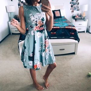 Knee length floral dress.